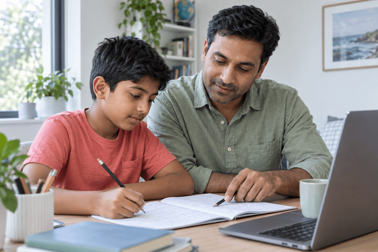 AI-generated illustrative parent and child reviewing learning together; not a testimonial.