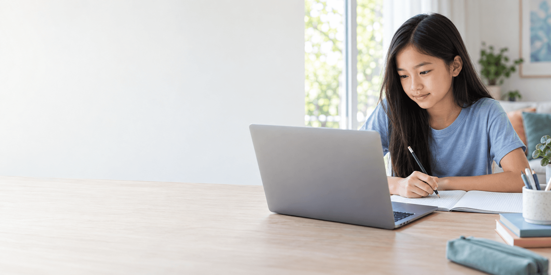 AI-generated illustrative learning scene of a child using a laptop; not a testimonial.
